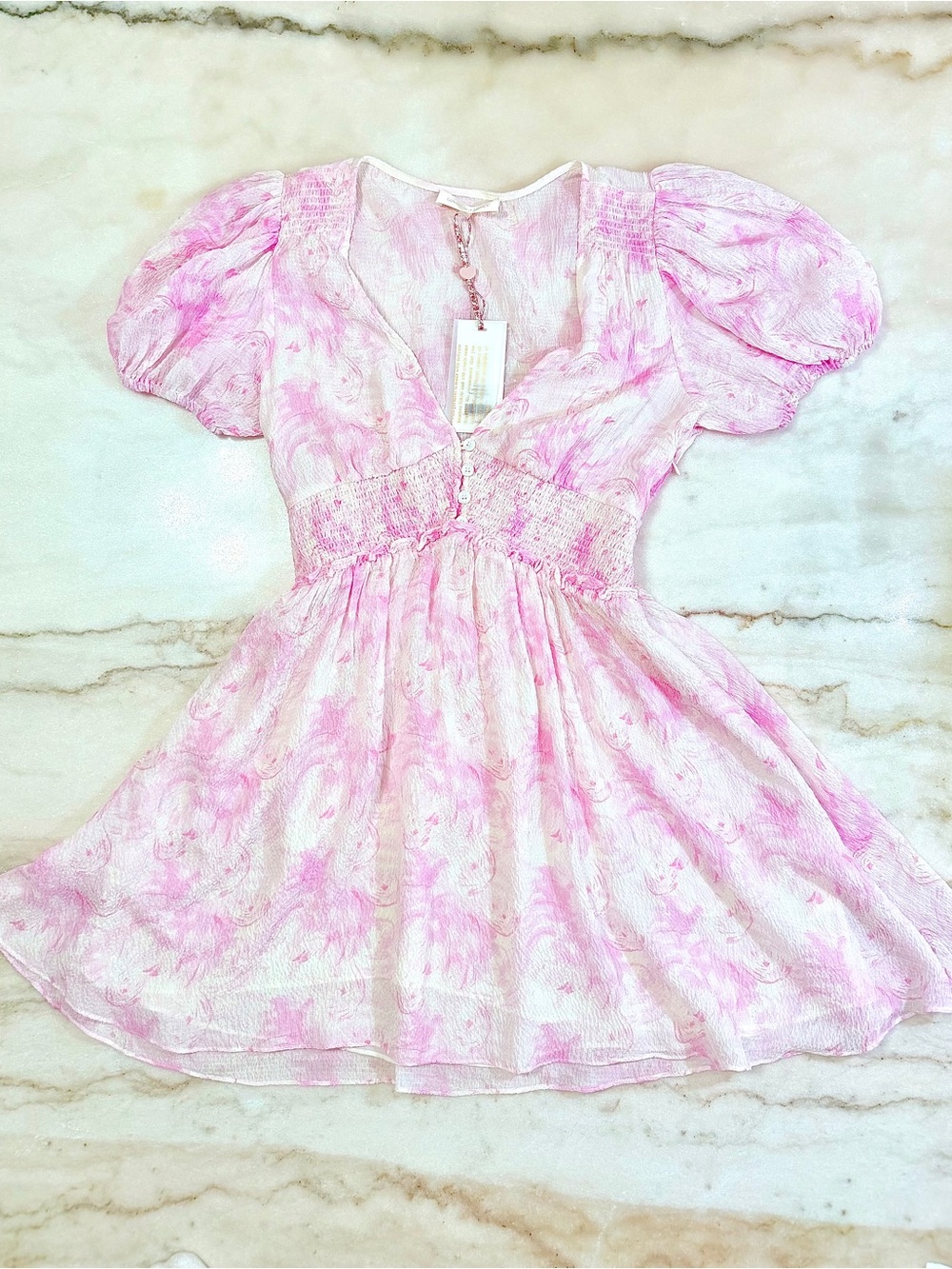 LoveShackFancy Pink and White Mini Dress